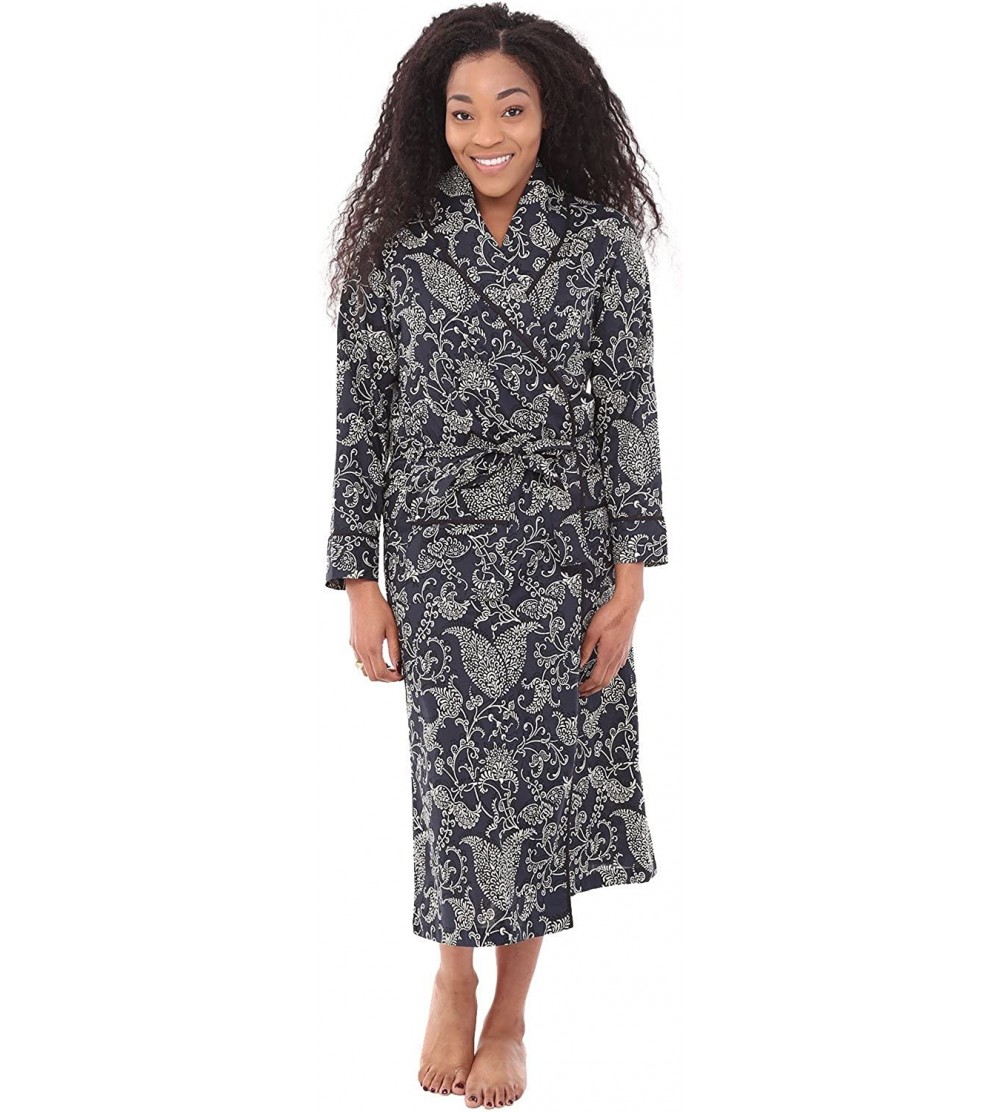 Robes Women's Lightweight Cotton Kimono Robe- Printed Summer Bathrobe - Midnight Blue Garden With Black Piping - CN184WRR23U ...