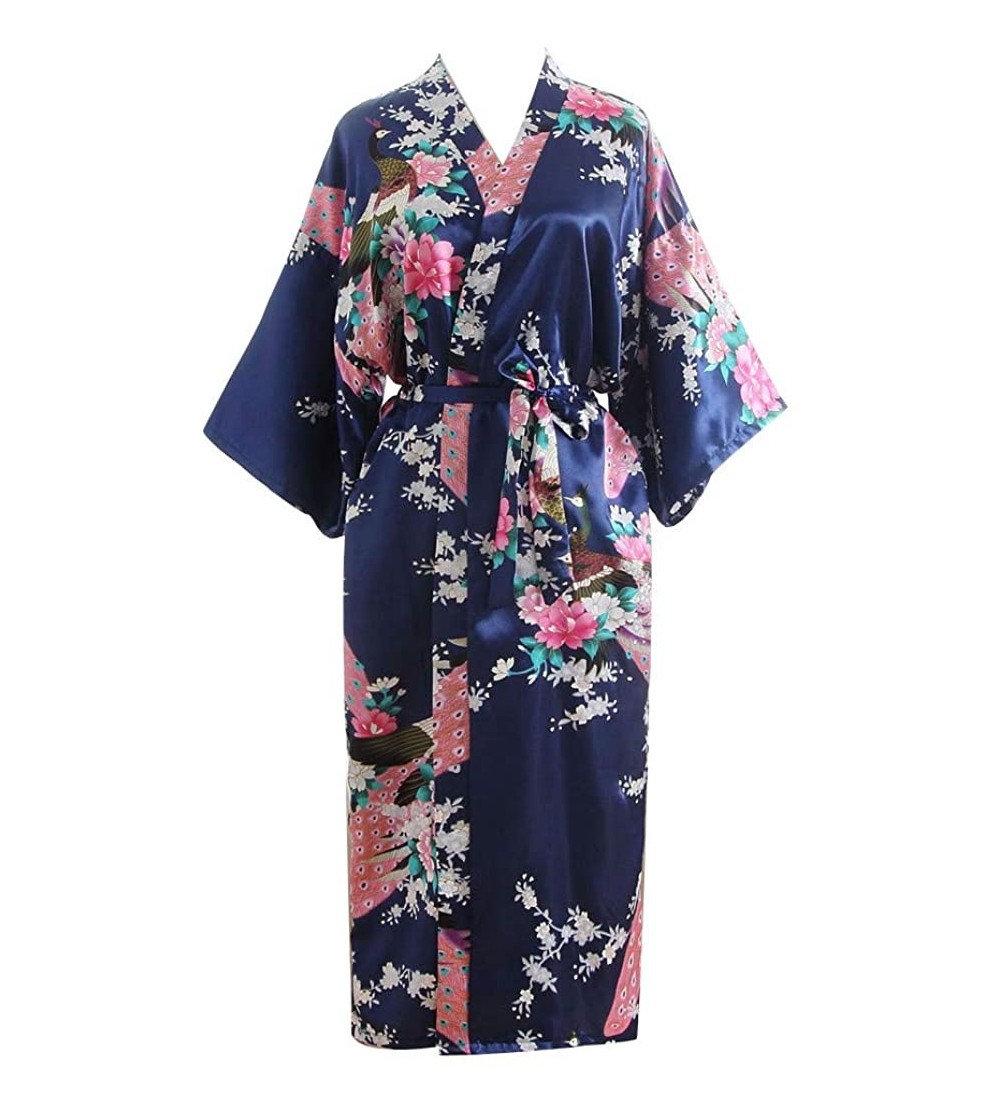 Sets Womens Floral Print Kimono Robes Sexy Nights Long Pajamas Gown Bathrobe Lingerie Nightdress - Navy - CO18OY7OTKG $9.74