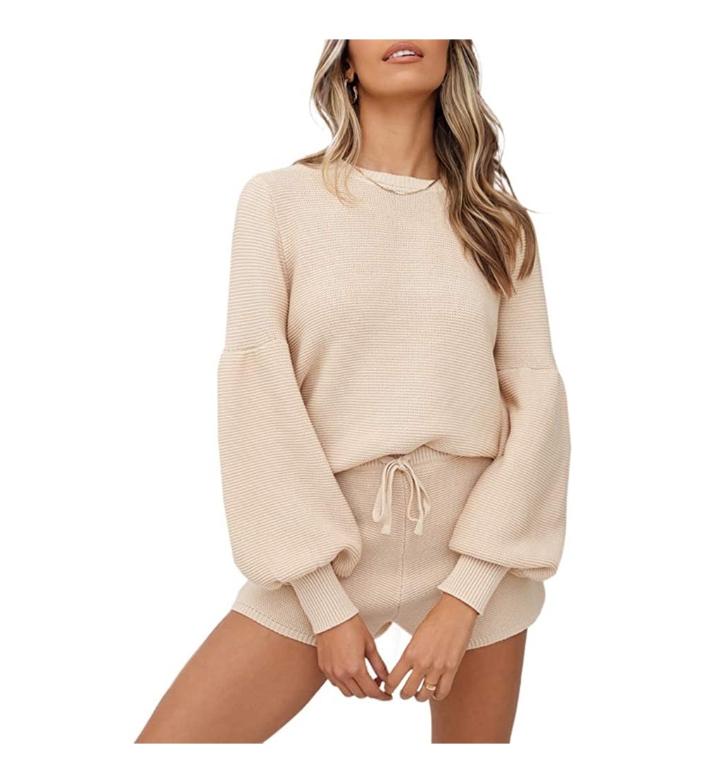 Sets Women's Rib Knit Sets Rompers Long Puff Sleeve Tops and Drawstring Shorts Two Piece Outfits - Apricot - C019C2O7D9C $29.46