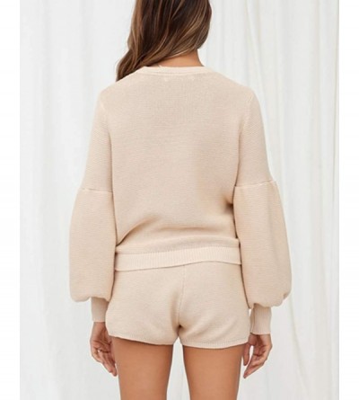 Sets Women's Rib Knit Sets Rompers Long Puff Sleeve Tops and Drawstring Shorts Two Piece Outfits - Apricot - C019C2O7D9C $29.46