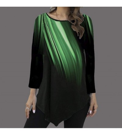 Tops Womens Graphic Print Loose Blouse Casual Long Sleeve Round Neck Tunic Shirts Asymmetrical Hem Pullover - Green - C5193YI...