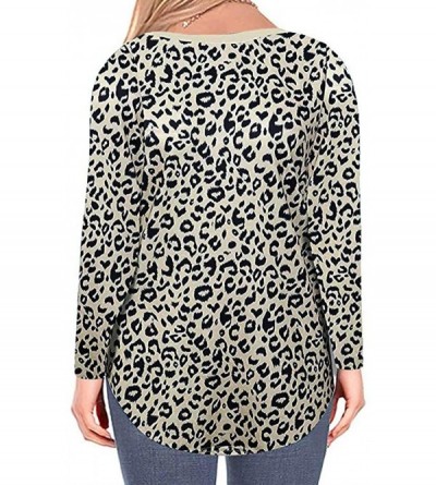 Thermal Underwear Plus Size Leopard Print V Neck Tunic Shirts for Women Long Sleeve Flowy Casual Tshirt Top - Khaki - CN193XI...