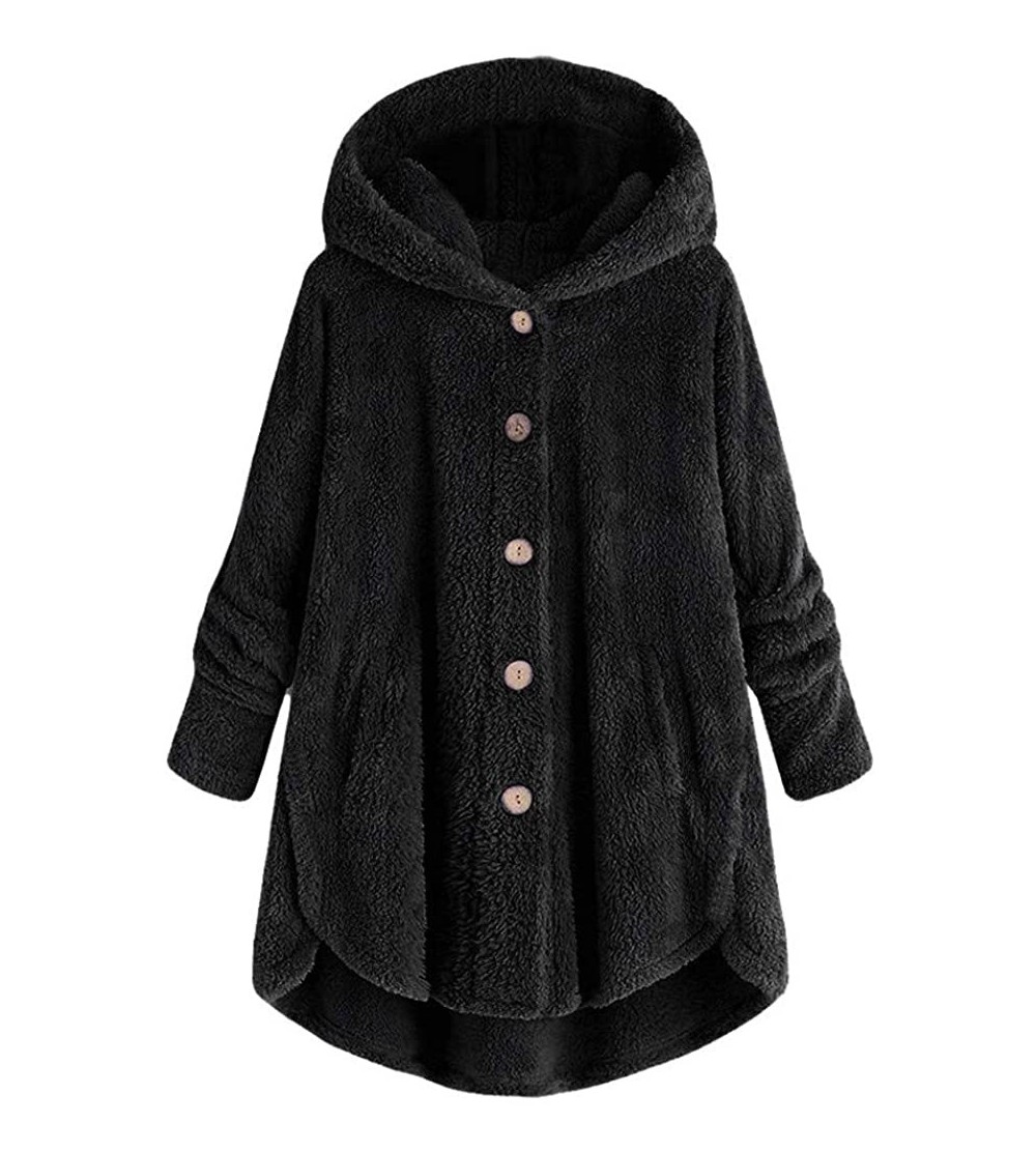 Thermal Underwear Women Fluffy Tail Button Coat Fashion Jacket Hooded Pullover Loose Sweater Tops - A-black - C818ZOW9M4W $29.41