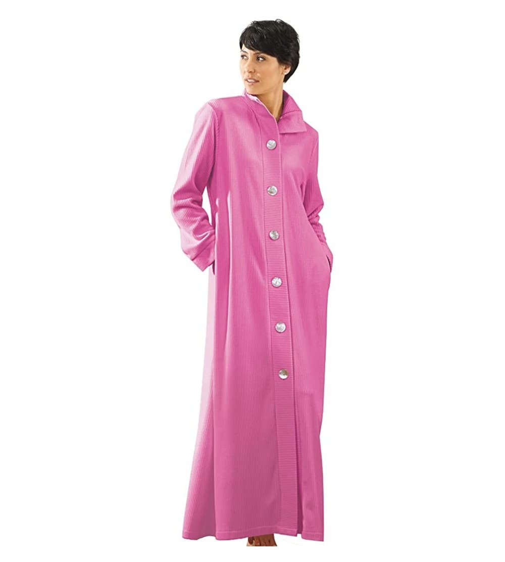 Robes Women's Lightweight Bath Robe - Floor Length Robe w/Oversize Buttons - Rose - CD12ME73IS9 $72.04