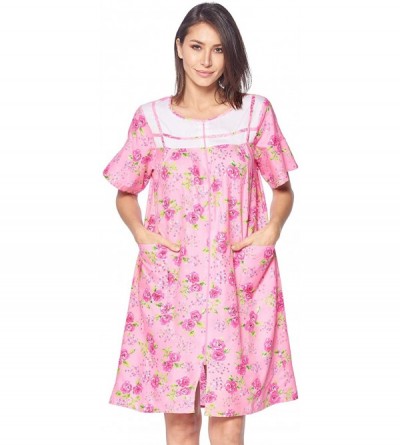 Robes Women's Zipper Front House Dress Short Sleeves Duster Lounger Housecoat Robe - Floral Pink - C018RDRYHO5 $15.95