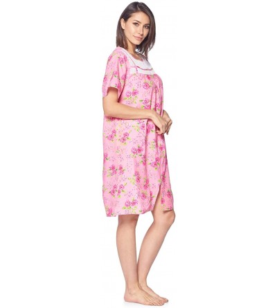Robes Women's Zipper Front House Dress Short Sleeves Duster Lounger Housecoat Robe - Floral Pink - C018RDRYHO5 $15.95