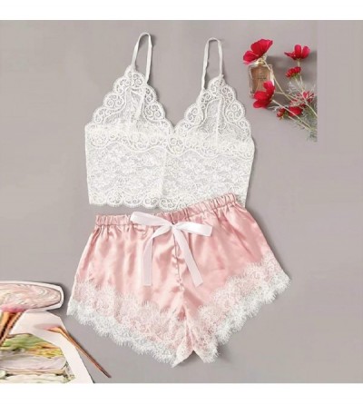Sets 2 Piece Set Sexy Lingerie Women Solid White Lace Cami Top with Shorts with Panties Pajama Set Sleepwear Nightwear Pink -...
