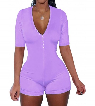 Onesies Women Striped One Piece Pajama Union Suit Underwear Set Long Sleeve Romper Jumpsuit Sleepwear - Solid Purple - CU19C7...
