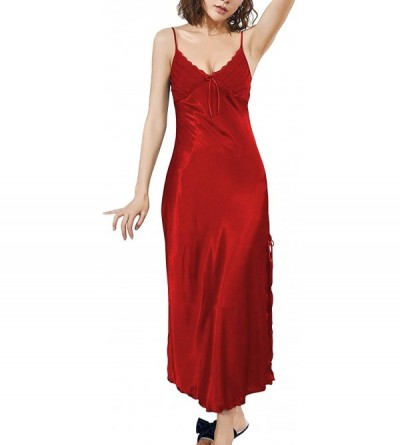 Nightgowns & Sleepshirts Women's Long Camisole Sleep Dress Luxury Lace Lingerie Soft Ruched Satin Nightgown - Red - CD18U3DUE...