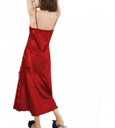 Nightgowns & Sleepshirts Women's Long Camisole Sleep Dress Luxury Lace Lingerie Soft Ruched Satin Nightgown - Red - CD18U3DUE...