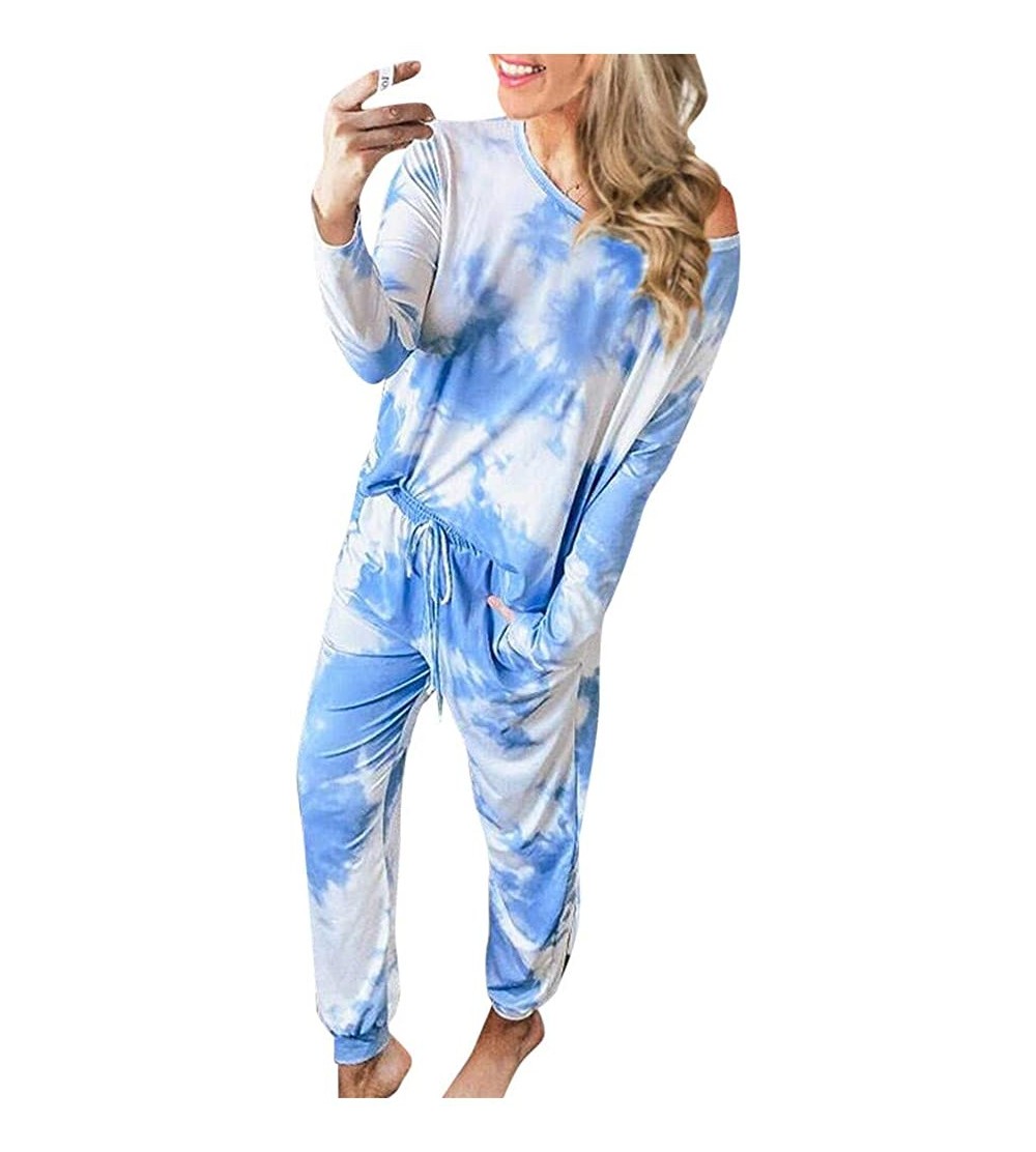 Sets Pajama Set for Women Womens Tie Dye Printed Loungewear Set Long Sleeve Tops Joggers 2 Piece Pants PJ Set Nightwear Blue ...