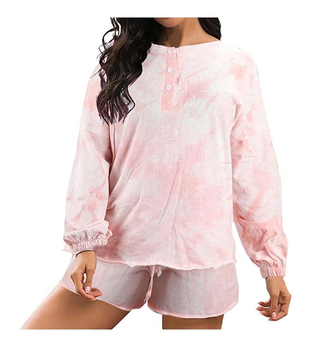 Sets Tie Dye Lounge Sets Women Sweater Casual Fleece 2 Pieces Long Sleeve Tops and Shorts Striped Homewear Light Pink - CE19C...