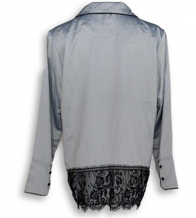 Tops Women's Size Sleepshirt M Satin Lace Button Down Blue H217158 - CF18ZCDG0RR $15.62