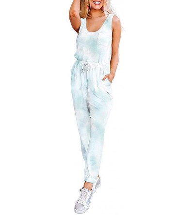 Sets Womens Tie Dye Printed Long Pajamas Set One Piece Sleeveless Jumpsuits Loungewear PJs Nightwear with Pockets Light Blue ...
