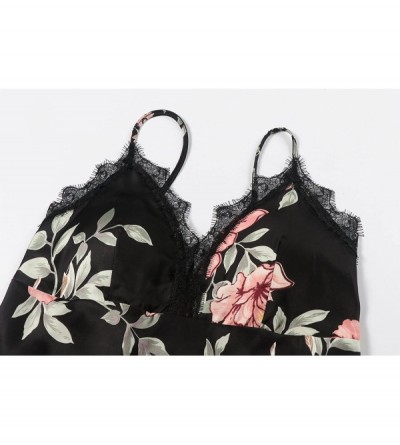 Nightgowns & Sleepshirts Womens Satin Sleepwear Pajama Set V Neck Cami Shorts Silky Lace Trim Nightwear Floral Print Nightie ...