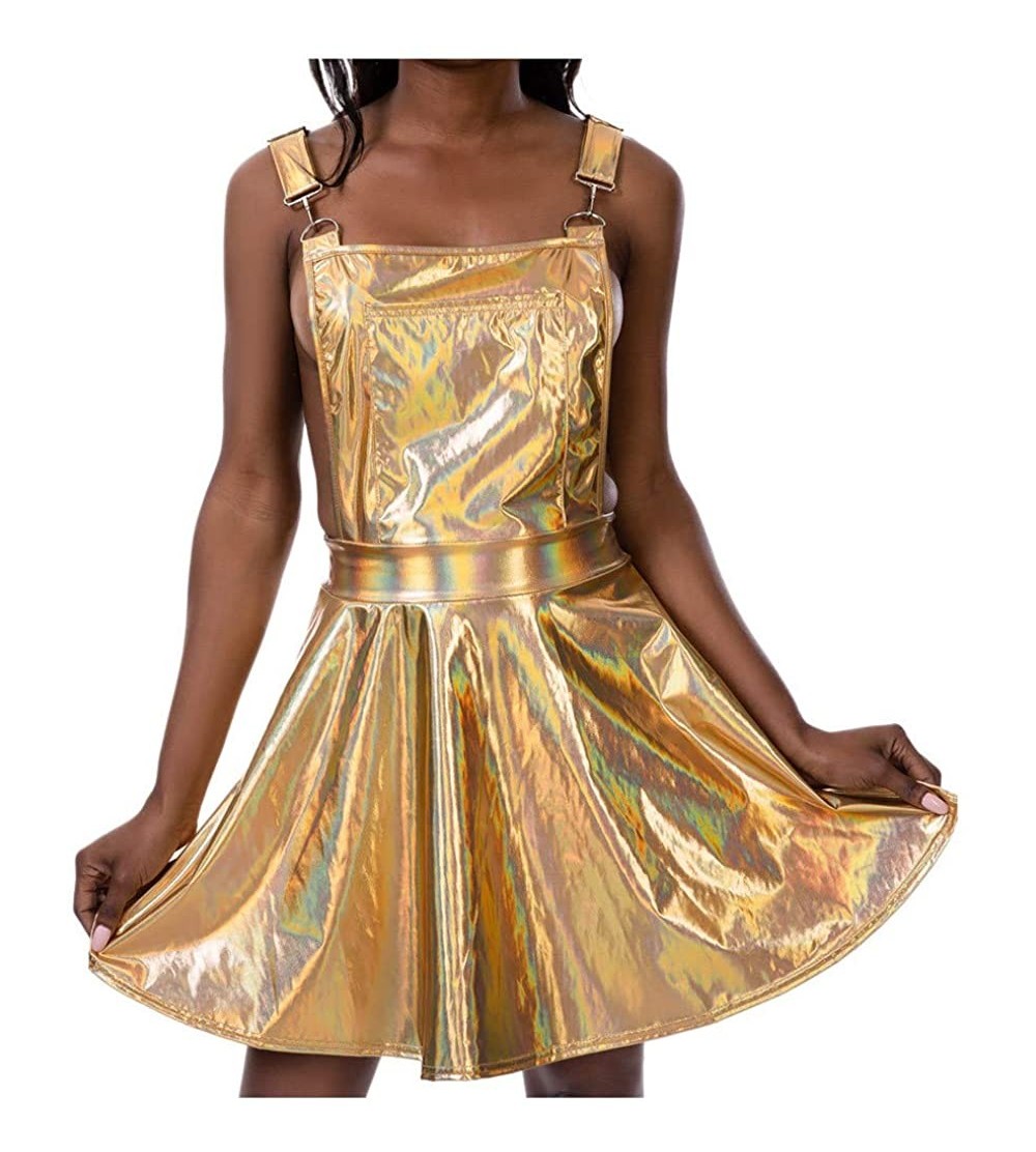 Nightgowns & Sleepshirts Women Sexy Dress PVC Leather Wet Look Clubwear Party Corset Dress Suspenders Pleated Skirt - Gold - ...