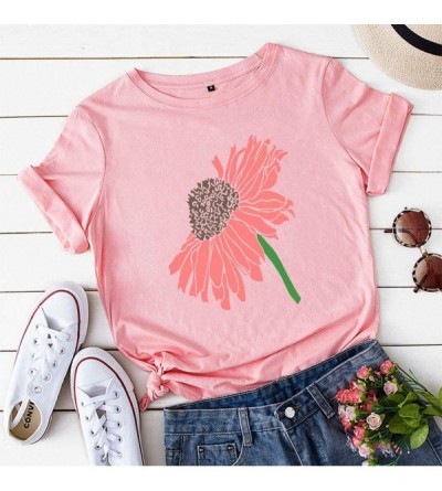 Tops Women's Cute Graphic T Shirts Loose O Neck Funny Floral Print Tees Casual Cotton Short Sleeve Top Blouse - Pink - CA196A...