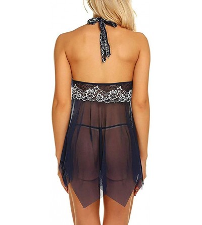 Nightgowns & Sleepshirts Women Lace Sleepwear Underwear Gauze Halter Nightgown Sexy Lingerie Dress - Blue - CJ195LW069D $12.61
