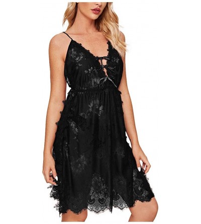 Robes Sexy Lingerie Sleep Dress for Women Sling Lace Patchwork Nightgown Bowknot Nightie - Black - C2197RYCZ86 $26.49