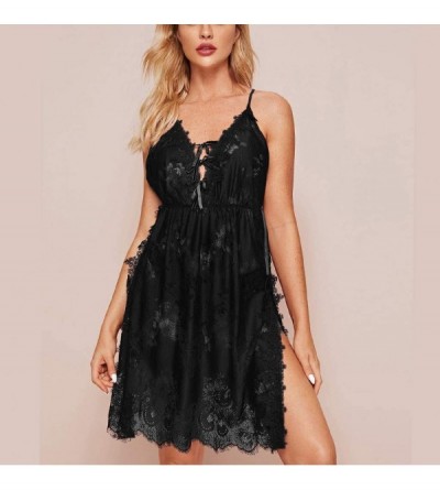 Robes Sexy Lingerie Sleep Dress for Women Sling Lace Patchwork Nightgown Bowknot Nightie - Black - C2197RYCZ86 $26.49