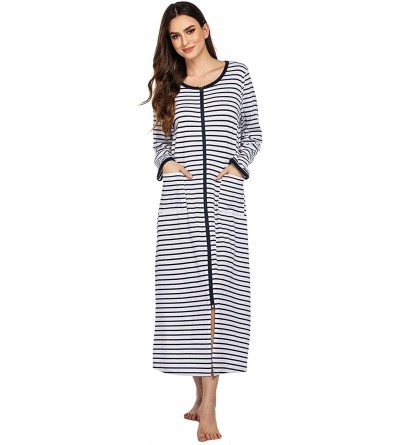 Robes Women Long House Coat Zipper Front Robes Full Length Nightgowns with Pockets Striped Loungewear - Pt6 - C4193IQKKQL $61.95