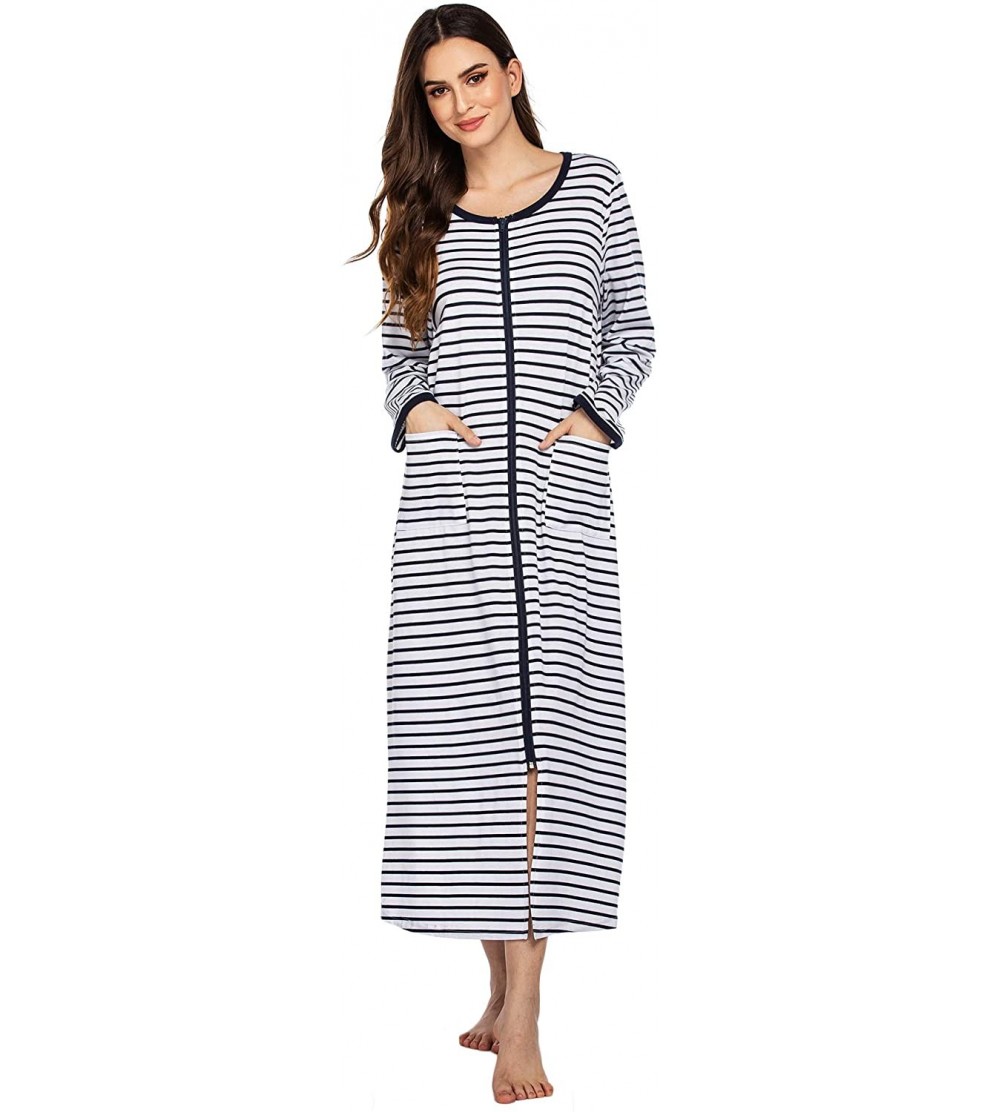 Robes Women Long House Coat Zipper Front Robes Full Length Nightgowns with Pockets Striped Loungewear - Pt6 - C4193IQKKQL $23.94