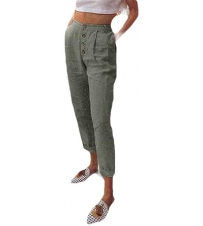 Bottoms Women Buttons Solid Cotton Linen Loose Casual Lounge Pants Trouses - Light Green - CC19DEWAD07 $18.71