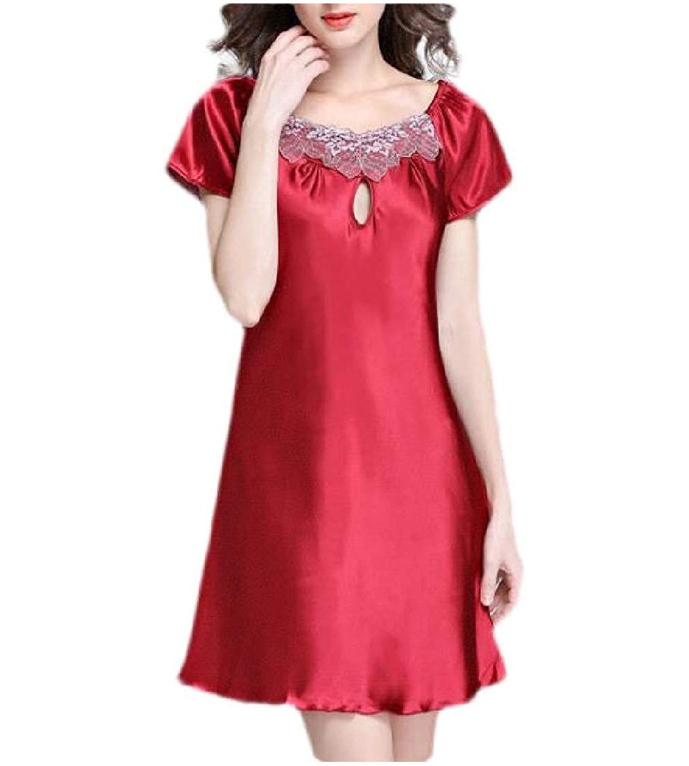 Nightgowns & Sleepshirts Sexy Short Sleeve Satin Loungewear Nightgown Sleep Dress - 2 - C719DDYLOA8 $16.31
