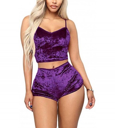 Sets Women's Velvet 2PCS Outfits Spaghetti Strap Crop Top and Shorts Pajama Sets Pjs Lounge Wear - Purple - C219D3ONROW $34.42