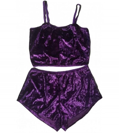 Sets Women's Velvet 2PCS Outfits Spaghetti Strap Crop Top and Shorts Pajama Sets Pjs Lounge Wear - Purple - C219D3ONROW $17.21