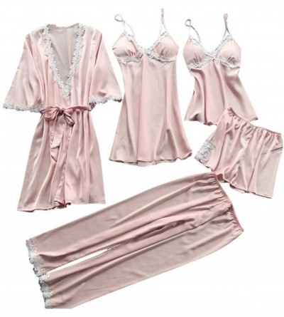 Sets 5Pcs Sexy Pajamas for Women Silky Sets Silk Satins Lace Sleepwear Black Strap Dress Robe Shorts & Pants Home Wear Pink -...