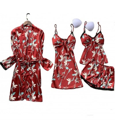 Sets Women's 4pcs Silk Satin Pajama Set Cami Top Nightgown Lace Sleepwear Robe Sets Sexy Nightdress with Chest Pads - Redandf...