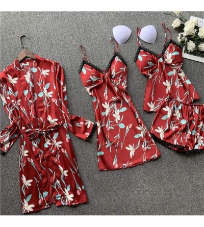 Sets Women's 4pcs Silk Satin Pajama Set Cami Top Nightgown Lace Sleepwear Robe Sets Sexy Nightdress with Chest Pads - Redandf...