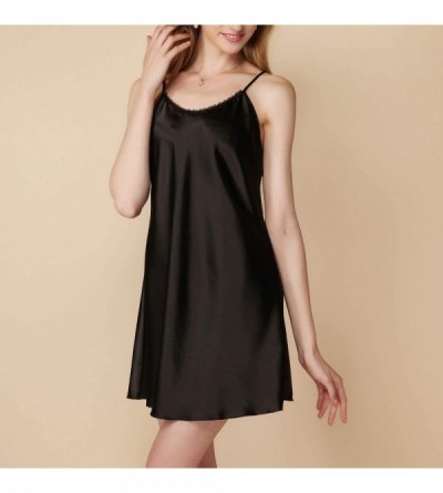 Nightgowns & Sleepshirts Women's Floral Short Nightgown Silk Satin Camisole Lingerie Luxury Soft Sleep Dress - Black - CS18UY...