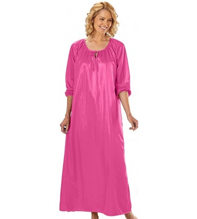 Nightgowns & Sleepshirts Women's Silky Night Gown - Long Sleeve Dress with Shirred Tie Neck - Fuchsia - CX11LWNQO9R $53.45