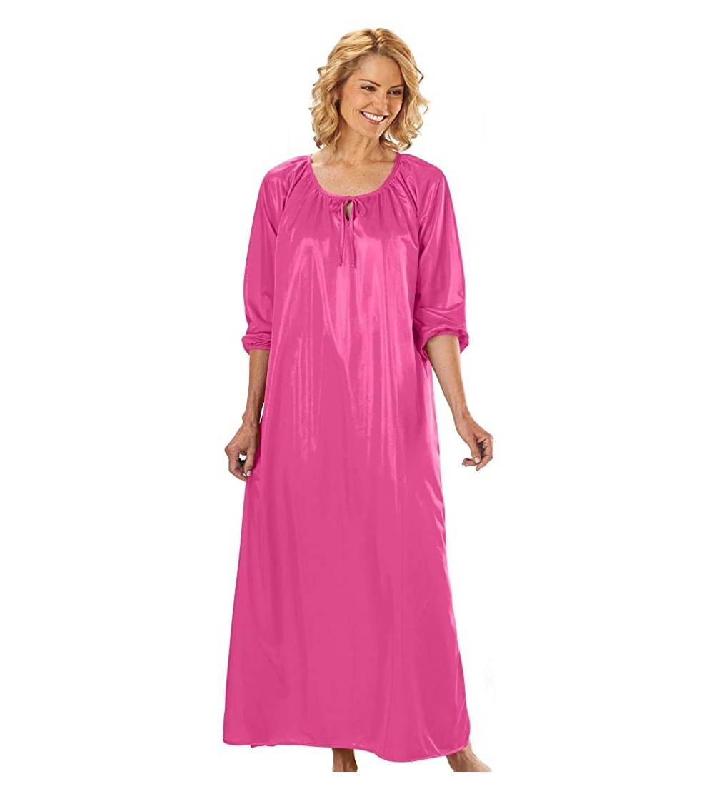 Nightgowns & Sleepshirts Women's Silky Night Gown - Long Sleeve Dress with Shirred Tie Neck - Fuchsia - CX11LWNQO9R $34.02