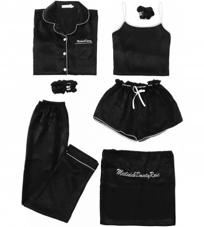 Sets Women's Pajama Sets Long Sleeve Satin Print Cami Top and Shorts Sleepwear - Black - CZ18A48AS5I $69.86