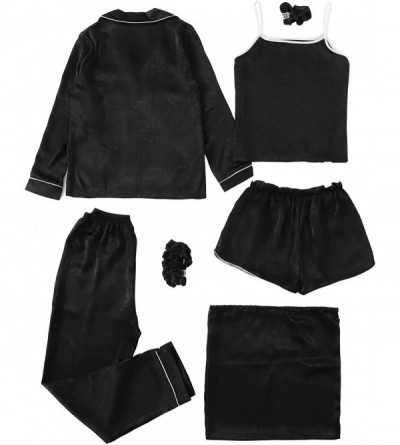 Sets Women's Pajama Sets Long Sleeve Satin Print Cami Top and Shorts Sleepwear - Black - CZ18A48AS5I $36.14