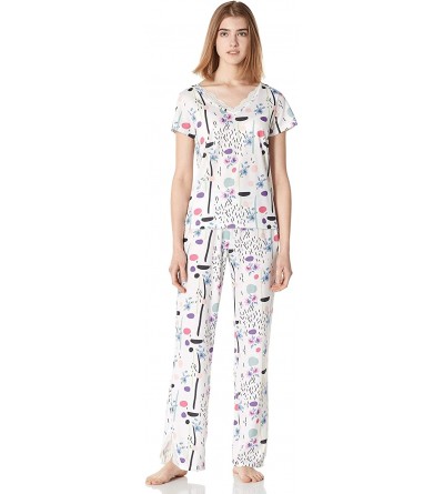 Sets Women's Knit Sleepwear Lace Patchwork Short Sleeve V-Neck Top & Split Pant Pajama Set Small-XX-Large - White - C718ADTAX...