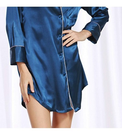 Nightgowns & Sleepshirts Pijamas Womens Sexy Casual Simulation Satin Button Down Pajamas Ladies Print Nightgown Short Sleeved...