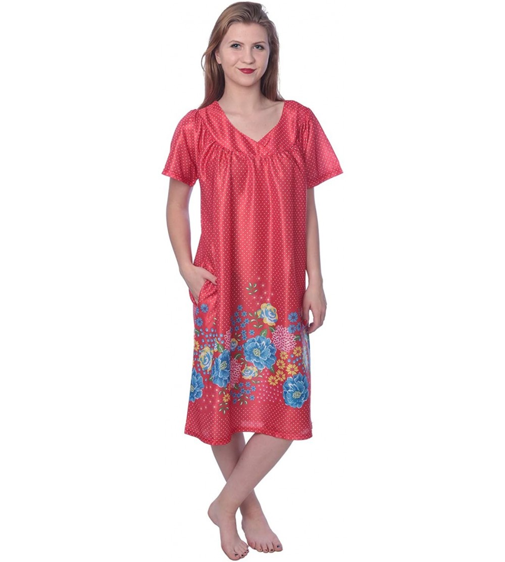 Nightgowns & Sleepshirts Women's Short Sleeve Housecoat Floral Duster Nightgown - V-neck Red With Prints - C119G9AA20C $15.83