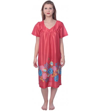 Nightgowns & Sleepshirts Women's Short Sleeve Housecoat Floral Duster Nightgown - V-neck Red With Prints - C119G9AA20C $15.83