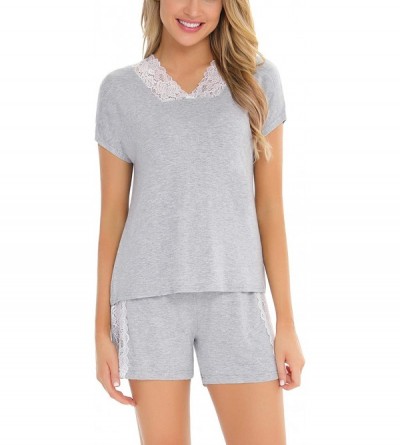 Sets Women Pajamas Sets Cotton V Neck Short Sleeve Lace Sleepwear Nightwear PJ Sets - C Grey - C6190C5O70L $17.42