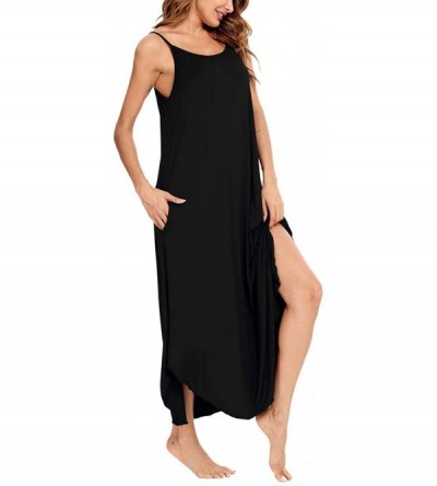 Sets Women's Sleeveless Long Nightgown Soft Sleepwear Strap Nightshirt Lounge Dress with Pockets - Black - CQ197H4OIX6 $20.50