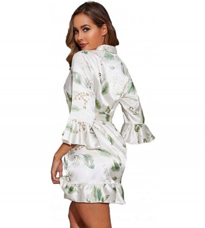 Robes Women's Floral Print Ruffle Hem Belted Satin Kimono Bridesmaids Robe - White - CY197KURW8A $15.76