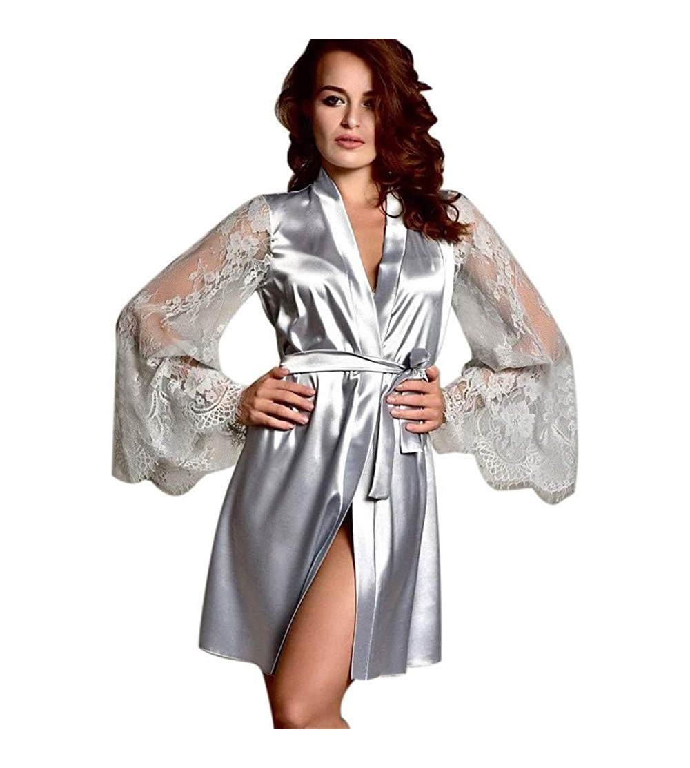 Nightgowns & Sleepshirts Sleepwear for Women Imitation of Silk Lingerie Lace Nightdress Bathrobe - Gray - C818O90W8WZ $9.60