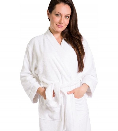 Robes Women's Ecofabric Terry Bathrobe Kimono Style Front Pockets - White - CX11VYA0KXD $41.58
