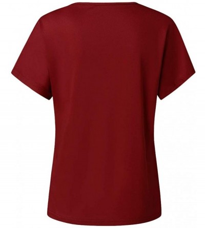 Thermal Underwear Cross Shoulder T-Shirt- Ladies Casual Irregular Short Sleeve Blouse top - L-wine - CJ1944R6048 $15.83