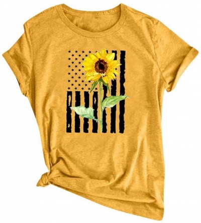 Tops Women's Sun Flower Printing Tops Summer Round Neck Short Sleeve T-Shirt Casual Loose Basic Blouse - Yellow - CL1979SQSTA...