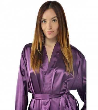 Robes Women's Kimono Satin Robe- Solid Dressing Gown- Knee Length Robe - Purple - CN11LD8UFLT $18.24